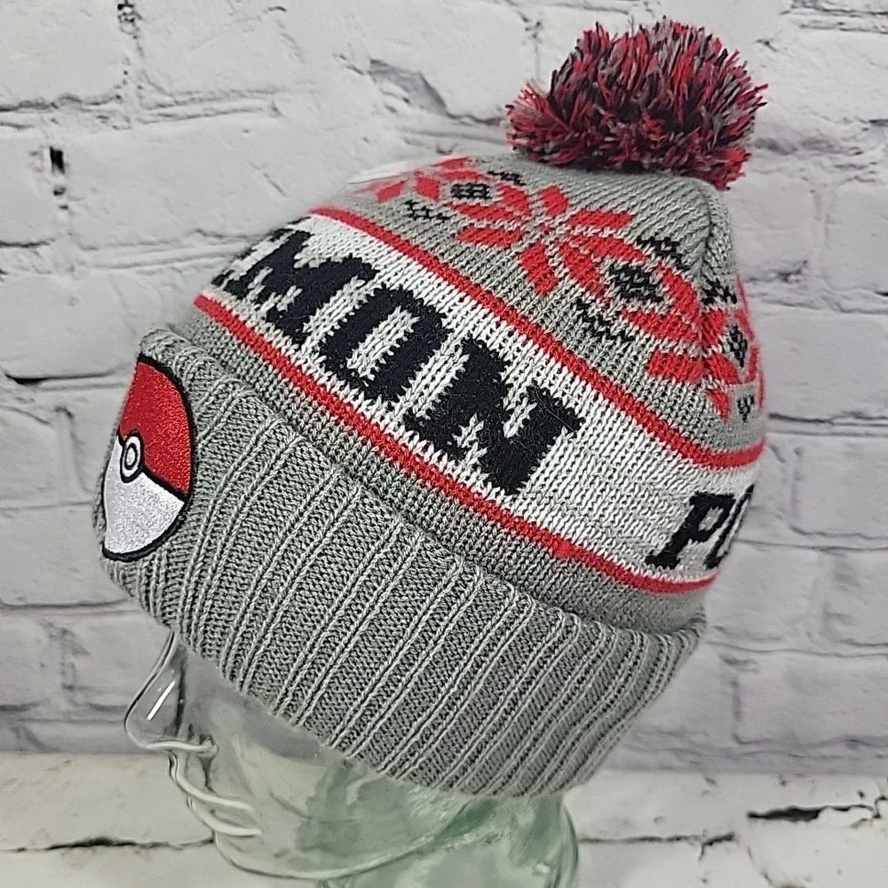 Pokemon‎ Pokeball Bioworld Beanie Cap Fair Isle Pompom Gray Ski Cap O/S Ages 14+